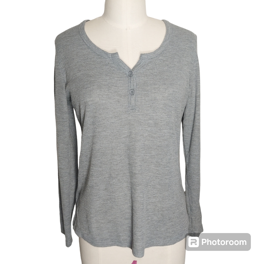 Gray Waffle Quarter Button Womens Sweater
